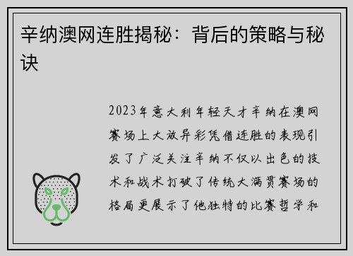 辛纳澳网连胜揭秘：背后的策略与秘诀